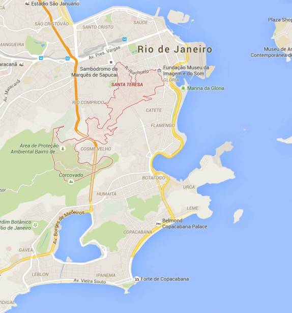 Mapa do bairro de Santa Tereza, no Rio de Janeiro, um dos primeiros a se formar fora da região central da cidade